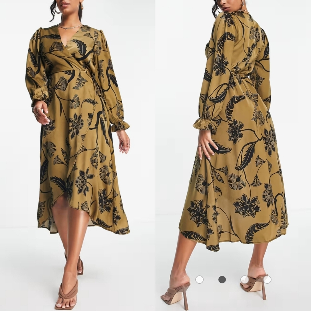 🔥AX Paris Wrap Midi Dress in Gold and Black Floral